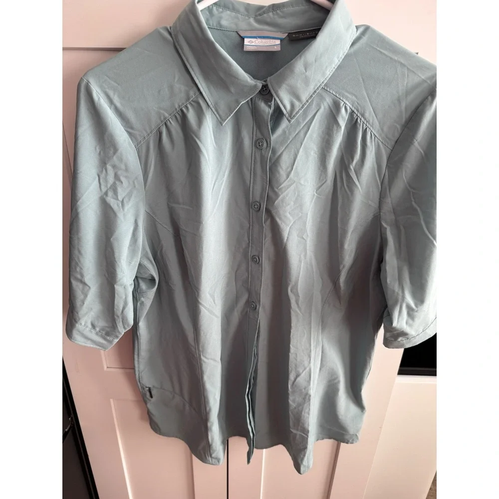 Columbia‎ Omni-Shade Womens Short Sleeve Button Down Shirt Blue Grey Large
